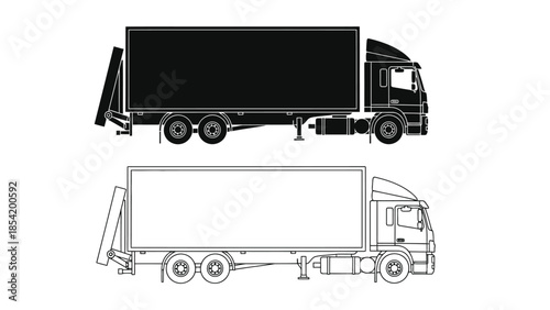 Detailed side view illustration of a semi truck and trailer in black and white