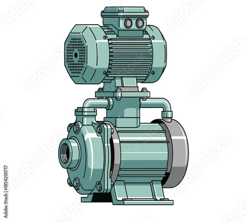 Illustration of a teal industrial pump with a motor showcasing mechanical engineering design
