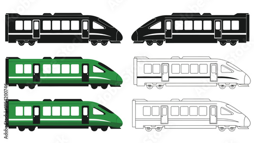Four stylized illustrations of high speed trains in different color schemes