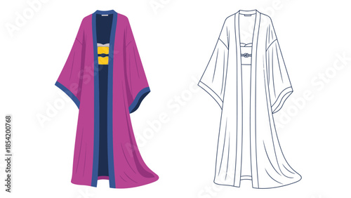 A colorful kimono illustration paired with its clean black and white outline