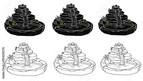 Line art illustrations of tiered fountains with surrounding foliage and water features