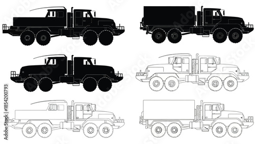 Detailed silhouettes of various heavy duty military and industrial trucks
