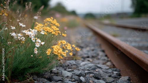Wallpaper Mural Train track with a bunch of yellow flowers growing on it Torontodigital.ca