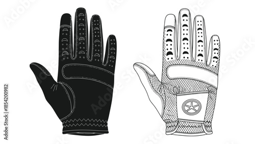 Detailed illustration of two golf gloves one black and one white
