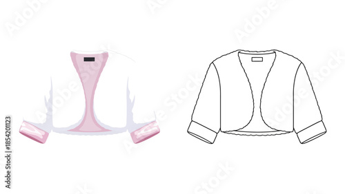 Fashion illustration of a white bolero jacket with pink lining details