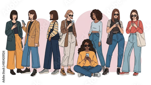 Diverse group of women of different ethnicities, ages, and styles using smartphones