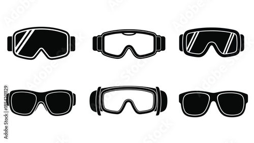 A collection of various black and white ski goggles and sunglasses designs