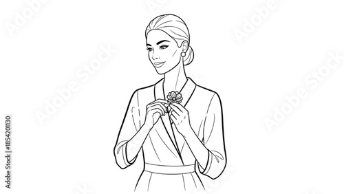 Elegant Woman Adorning Her Outfit with a Stylish Brooch, Showcasing Fashionable Accessorizing