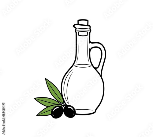 An illustration of an olive oil bottle paired with a sprig of olives and leaves