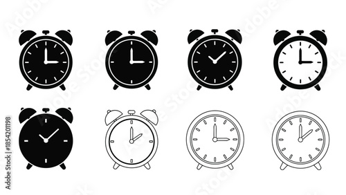 Collection of various black and white alarm clock icons displayed in a grid