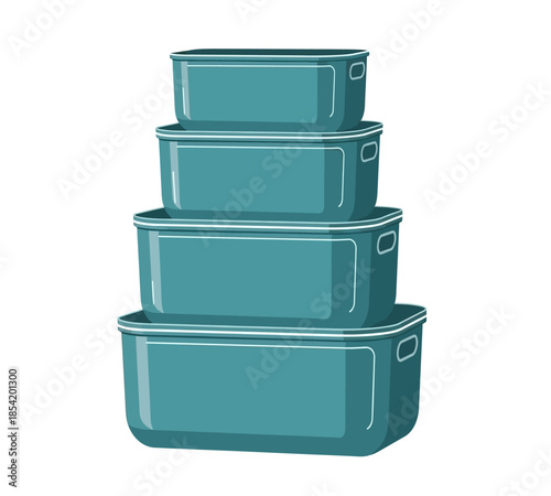 Stacked teal rectangular food storage containers with white rim and handle details displayed