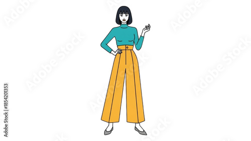 Fashionable woman in teal turtleneck and yellow wide-leg pants illustration, showcasing modern style and confidence