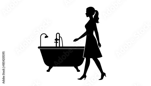 Silhouette of a woman walking past a bathtub in a bathroom.