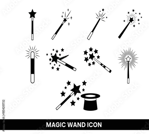 Collection of black and white magic wands stars and a top hat icon