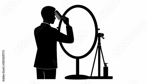 Silhouette of a man combing his hair in front of a mirror.