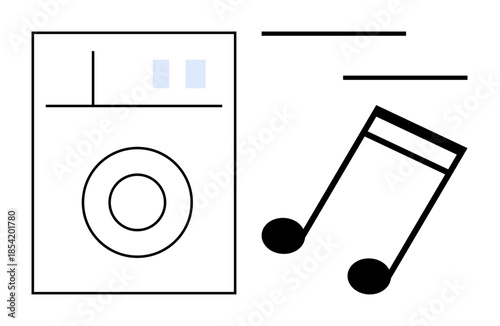 Washing machine with panel and rotating drum alongside large music note highlights mixing chores with creativity. Ideal for music, household tasks, energy, entertainment, daily life, multitasking