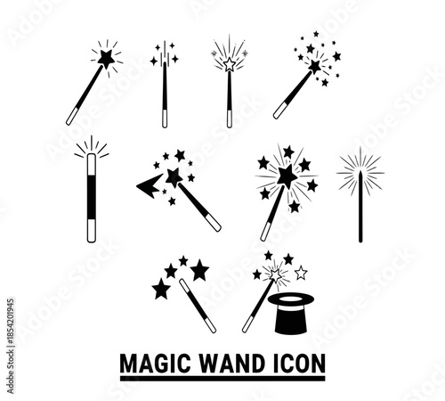 Collection of black and white magic wands stars and a top hat icon set