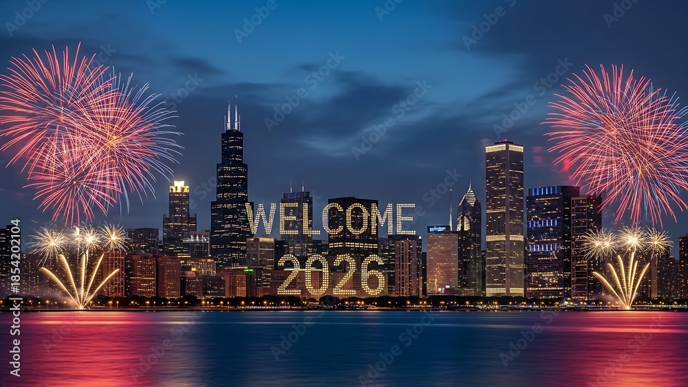 Obraz premium Chicago city skyline with fireworks and welcome 2026 sign