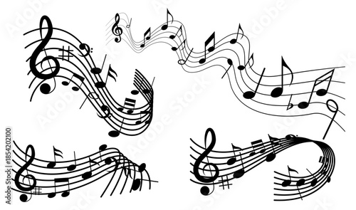 Music notes wave. Flowing musical staff lines with notes, clefs and melody rhythm patterns in dynamic circular, spiral and wavy shapes.