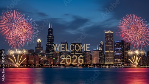 Chicago city skyline with fireworks and welcome 2026 sign