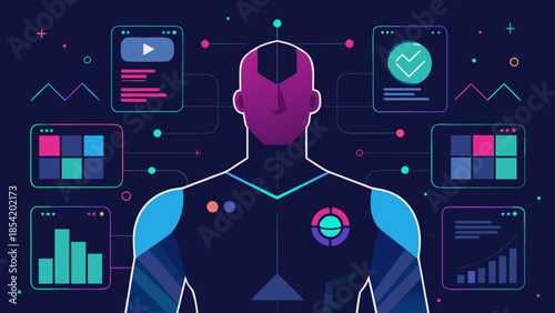 Futuristic gamer character analyzing esports data with digital charts and virtual interface in neon style