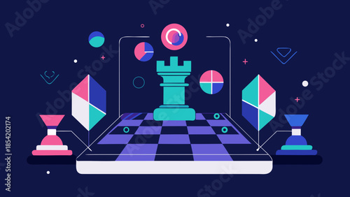 Esports strategy concept with digital chessboard and futuristic gaming elements in vibrant neon style