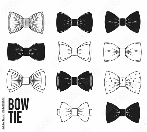 A collection of different bow ties in black and white varying in pattern and shape