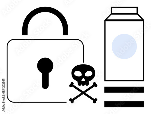 Padlock, skull with crossbones, and carton emphasize secure protection, hazards, and cautionary measures. Ideal for data protection, health hazard warnings, safety protocols, product packaging risk