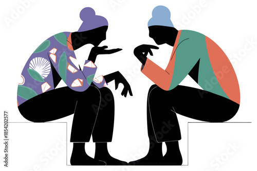 Two stylized silhouettes of people in beanies sitting and talking on a white background