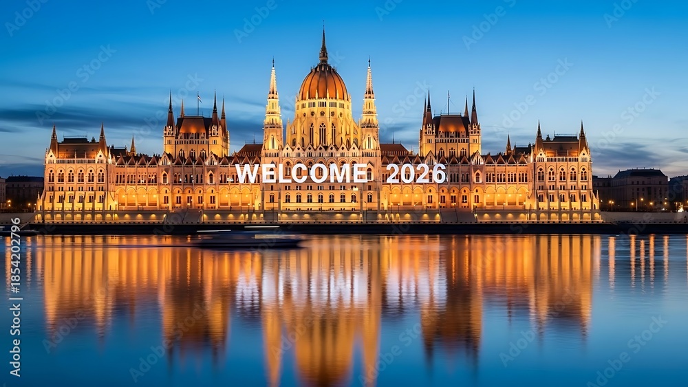Fototapeta premium Hungarian Parliament Building at dusk with reflection in river