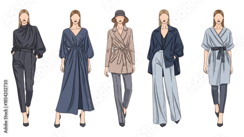 A set of five conceptual fashion design sketches featuring elegant female models in modern attire