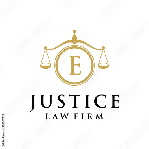 Initial letter E justice law firm logo design, attorney scale of justice legal graphic icon vector template