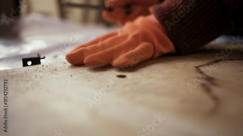 Close up of professional carpenter hands using sharp chisel for woodworking on wooden plank
