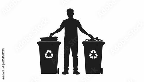 Silhouette of person recycling paper and plastic in separate bins.