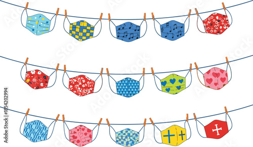 Colorful face masks hanging on clothesline, medical protection concept with patterned reusable masks, pandemic hygiene safety vector illustration
