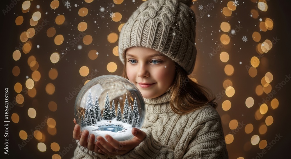 Naklejka premium Young child holding magical snow globe with festive bokeh lights creating a whimsical winter scene