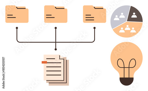 Networked file folders connect to documents, teamwork diagram, and lightbulb representing ideas. Ideal for workflow, data organization, sharing, creativity, brainstorming, teamwork simple flat