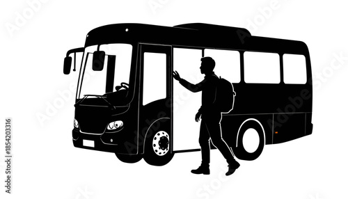 Silhouette of a man boarding a bus, vector illustration.