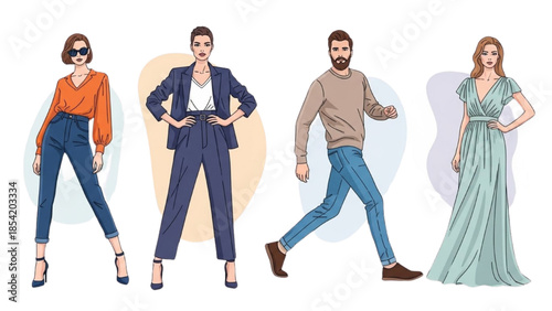 Set of fashionable men and women characters posing in modern casual and formal outfits