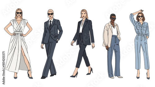 Collection of diverse female fashion illustrations demonstrating modern and chic outfit choices