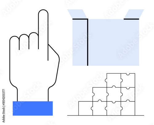 Interaction concept. Pointer gesture user interaction. Open box s packaging and delivery solutions. Puzzle pieces convey problem solving. Perfect for technology, logistics, learning, innovation