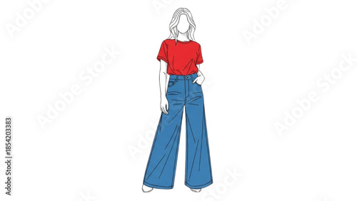 Fashion illustration of a woman in wide-leg jeans and a red t-shirt