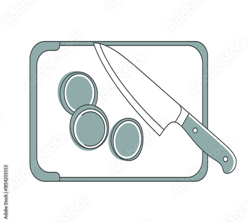 A simple illustration depicting a cutting board with a knife and several canned goods