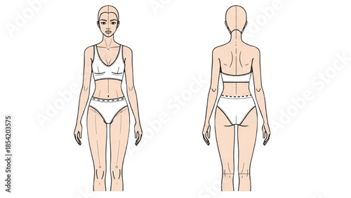 Female fashion croquis template showing front and back views for garment design illustration