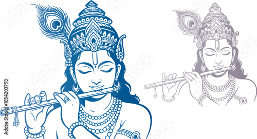 Striking vector illustration featuring dual representations of Lord Krishna a revered Hindu deity gracefully playing his flute against a stark black background emphasizing devotional artistic symmetry