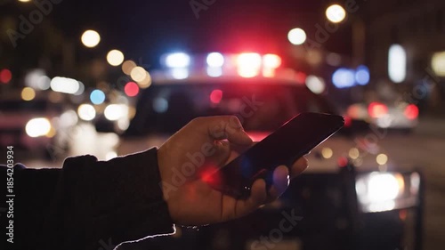 Person using smartphone at night with blurry lights