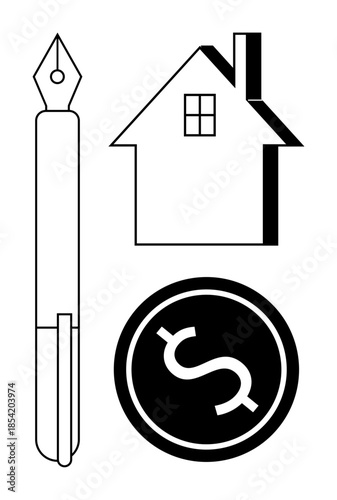 Real estate, legal agreements, financial planning, mortgage services, property investment, homeownership. Pen, house dollar icon on white. Real estate and legal agreements concept