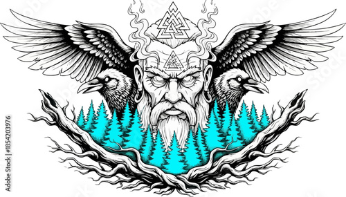 Striking pinup style devil woman with glowing yellow horns illustration