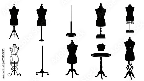 Various dressmaker's mannequin silhouettes displayed against a white background