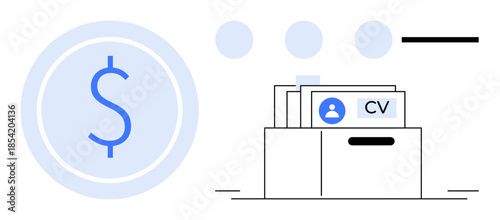 Recruitment concept. Recruitment with organized resume files and a dollar symbol. Recruitment connects salary negotiation, job applications, and human resource processes. For HR, hiring platforms